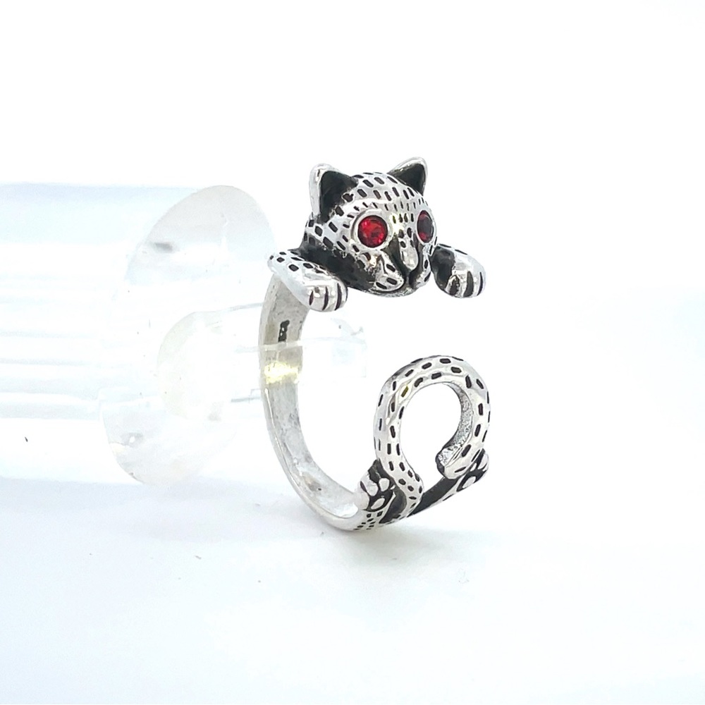 Sterling Silver Cat Ring Adjustable Wrap Ring Red Eyes